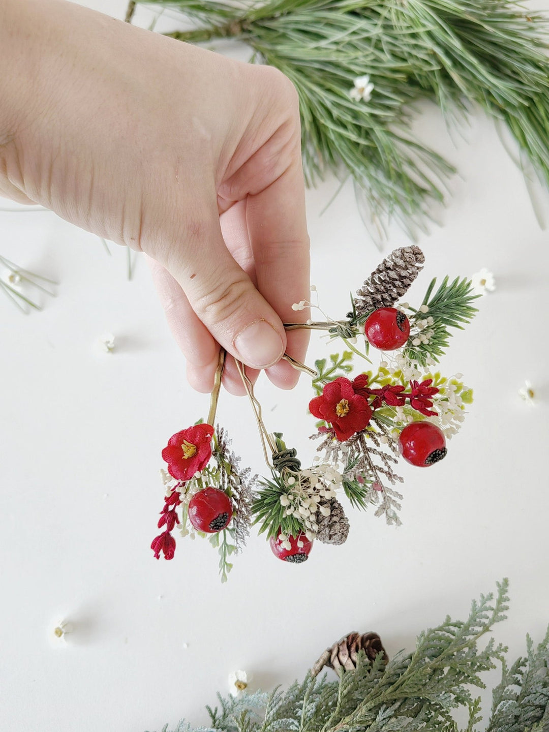 Red Berry Christmas Hairpins: Winter Wedding Accessories – handmade floral hair accessory by magaela