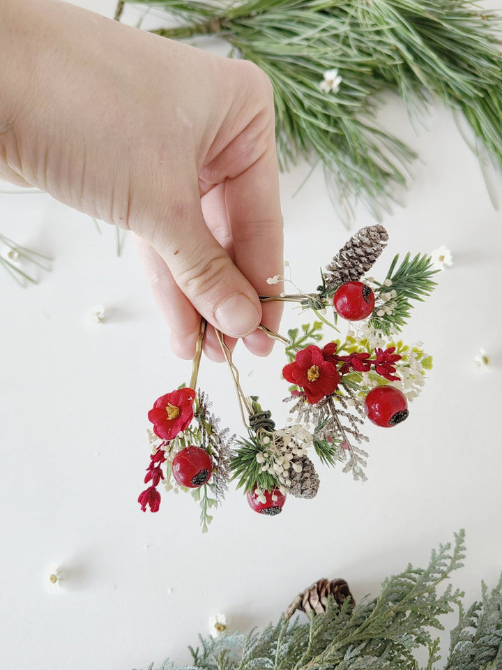 Red Berry Christmas Hairpins: Winter Wedding Accessories – handmade floral hair accessory by magaela