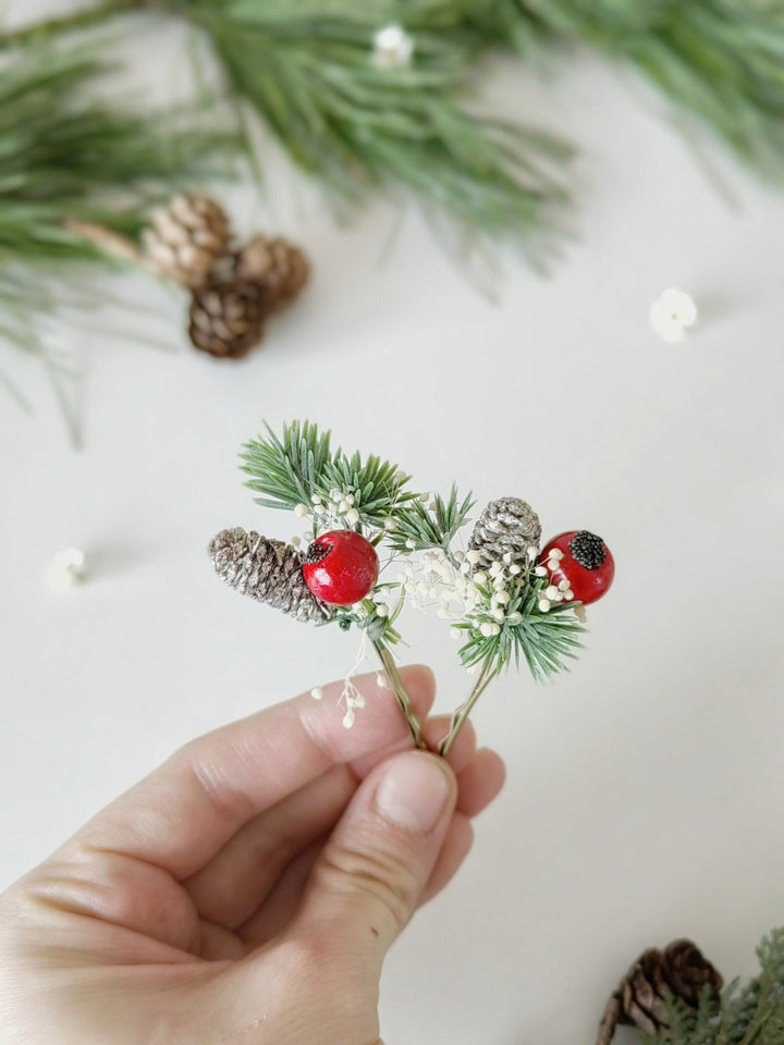 Red Berry Christmas Hairpins: Winter Wedding Accessories – handmade floral hair accessory by magaela