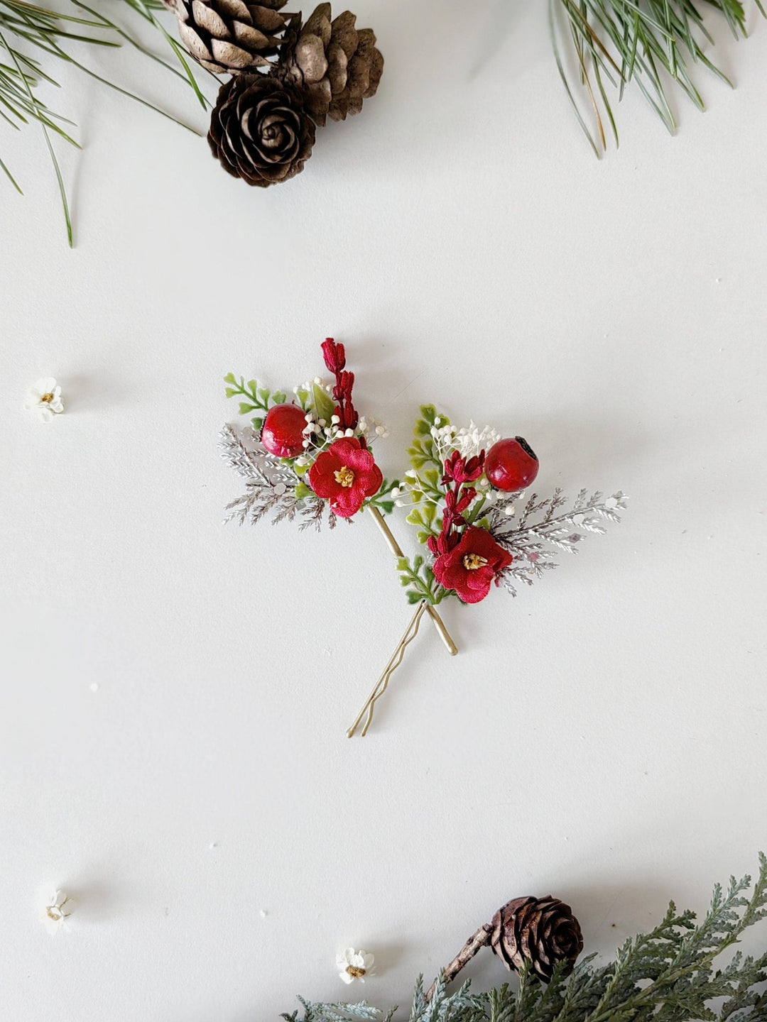 Red Berry Christmas Hairpins: Winter Wedding Accessories – handmade floral hair accessory by magaela