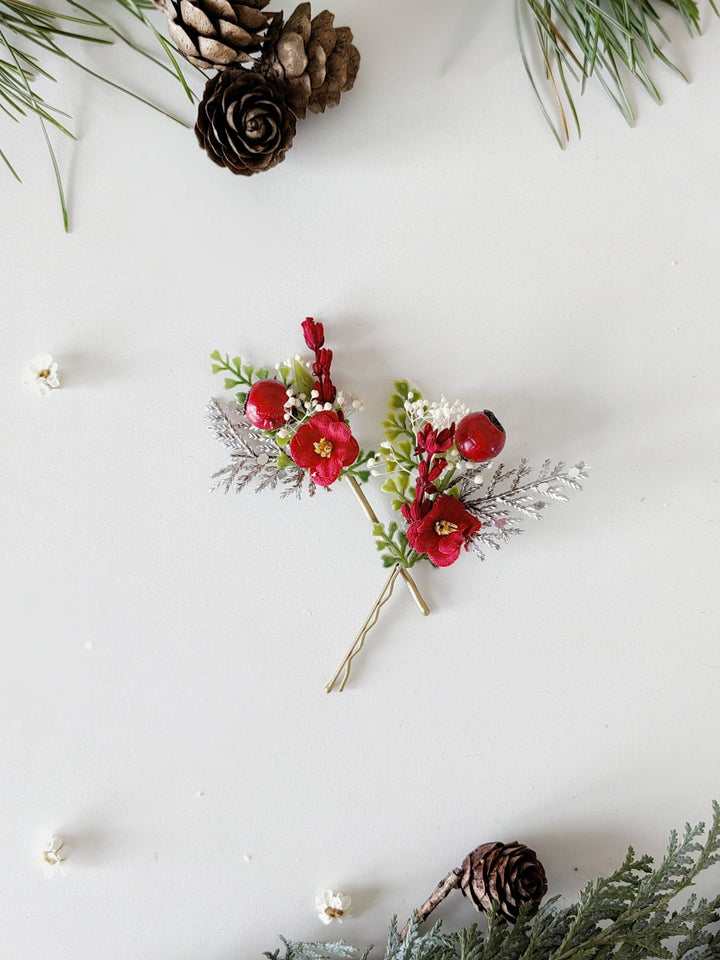 Red Berry Christmas Hairpins: Winter Wedding Accessories – handmade floral hair accessory by magaela