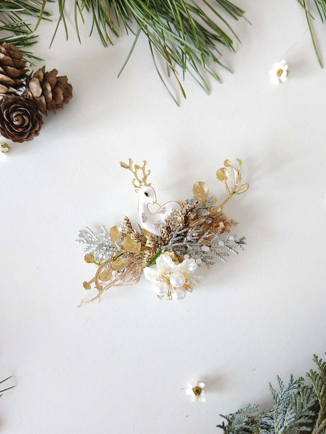Winter Reindeer Brooch Golden Christmas Floral Pin Gift for Her Gift Teacher – handmade floral hair accessory by magaela