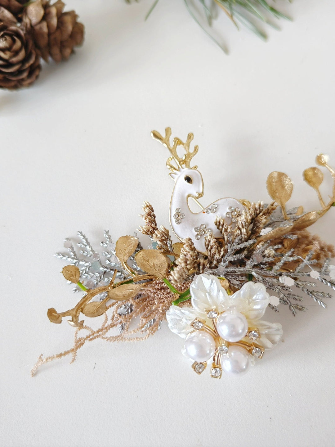 Winter Reindeer Brooch Golden Christmas Floral Pin Gift for Her Gift Teacher – handmade floral hair accessory by magaela