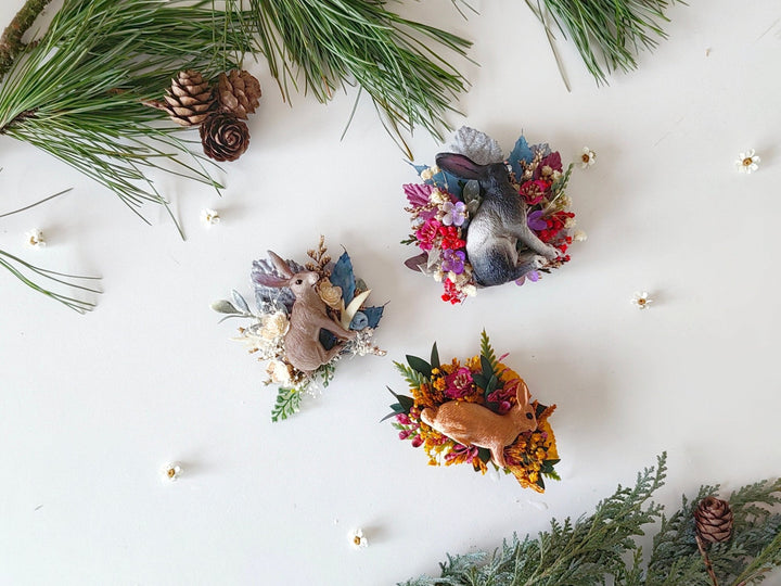 Bunny Brooch: Handmade Rabbit Pin with Flowers – handmade floral hair accessory by magaela