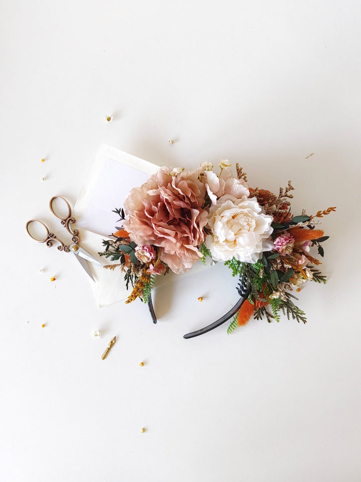 Terracotta Frida flower headband: Orange wedding hairband – handmade floral hair accessory by magaela