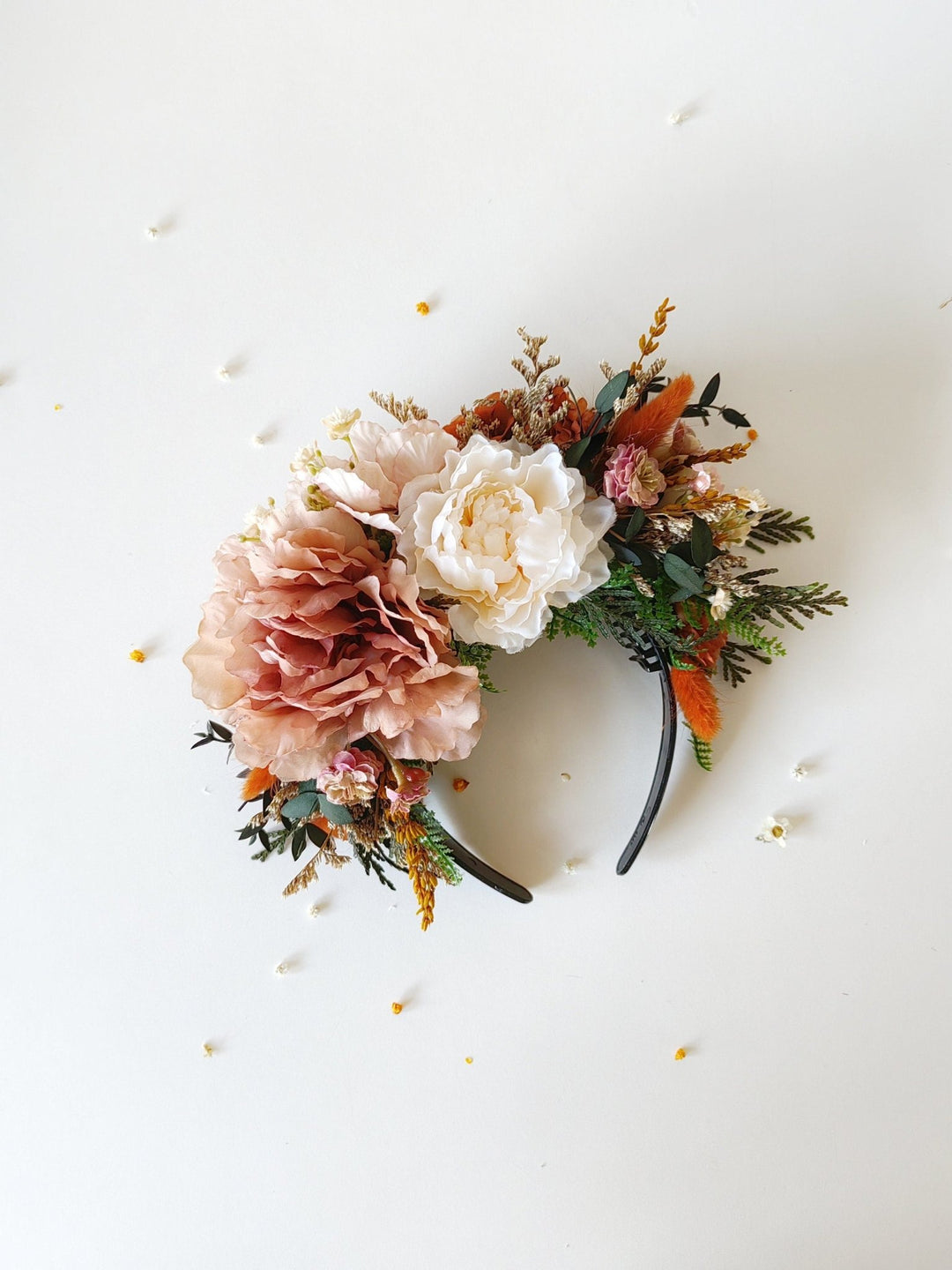 Terracotta Frida flower headband: Orange wedding hairband – handmade floral hair accessory by magaela