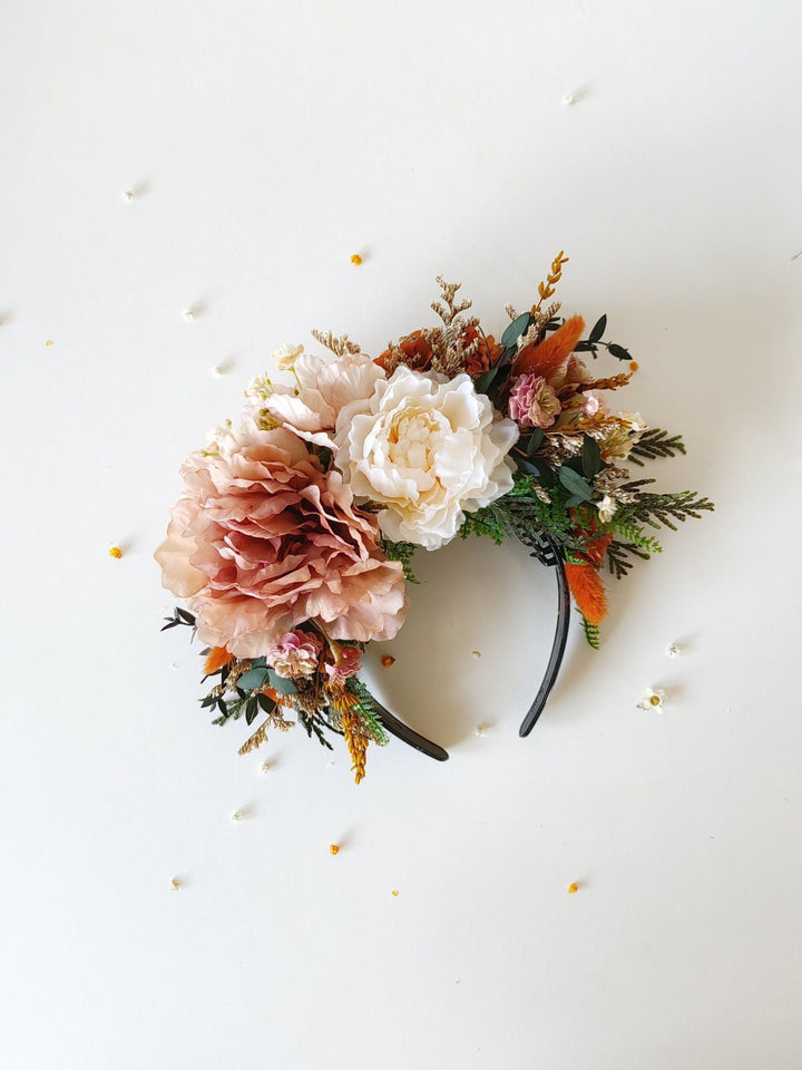 Terracotta Frida flower headband: Orange wedding hairband – handmade floral hair accessory by magaela