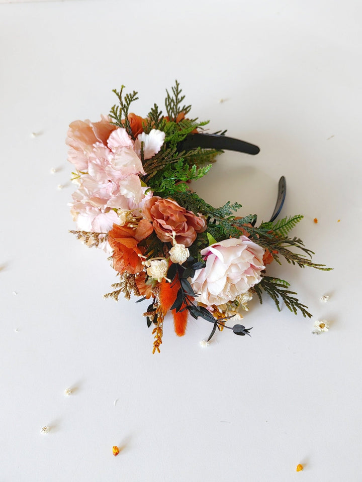 Terracotta Frida flower headband: Orange wedding hairband – handmade floral hair accessory by magaela