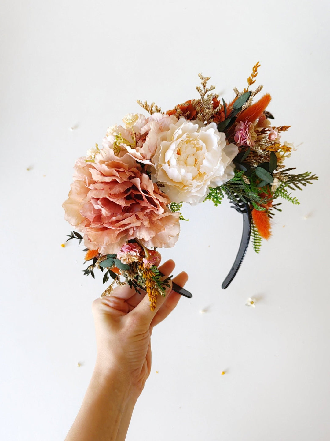 Terracotta Frida flower headband: Orange wedding hairband – handmade floral hair accessory by magaela