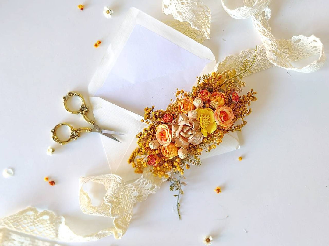 Autumn Flower Bridal Belt: Blush, Orange & Yellow Boho Wedding – handmade floral hair accessory by magaela