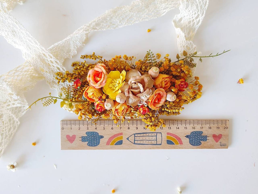 Autumn Flower Bridal Belt: Blush, Orange & Yellow Boho Wedding – handmade floral hair accessory by magaela