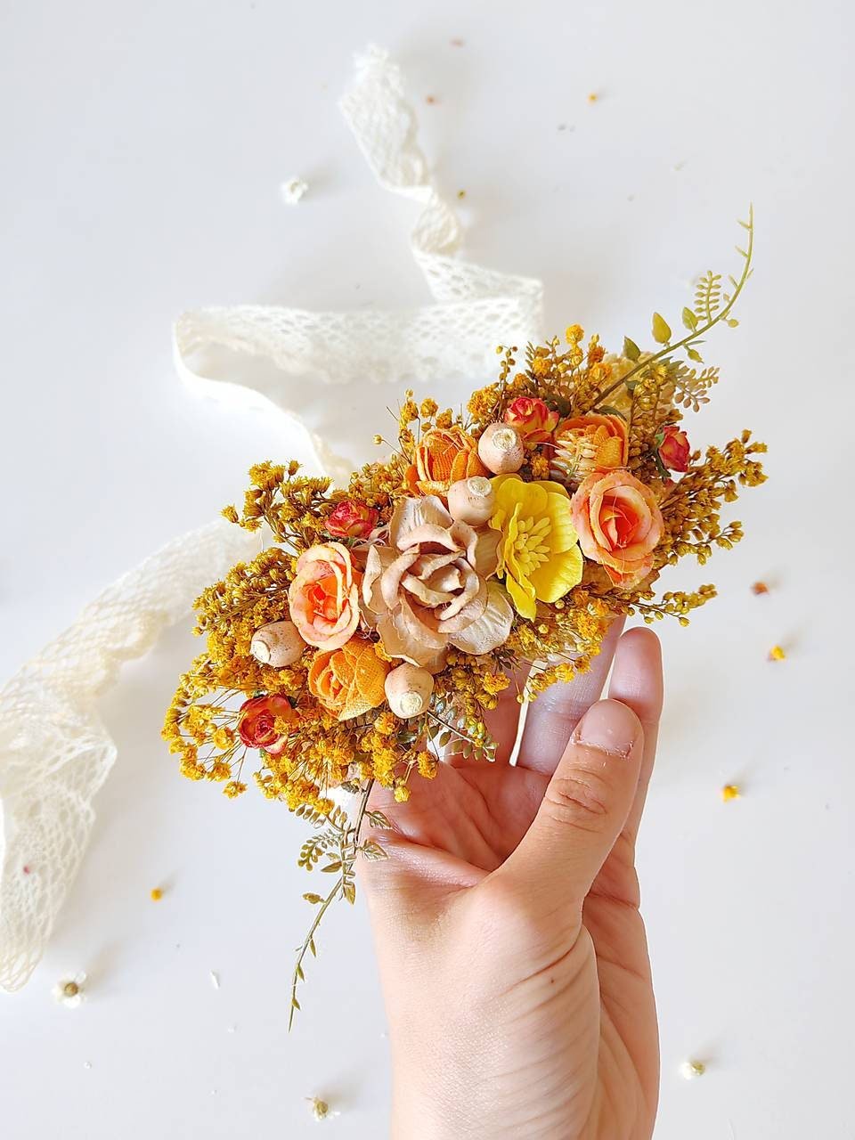 Autumn Flower Bridal Belt: Blush, Orange & Yellow Boho Wedding – handmade floral hair accessory by magaela