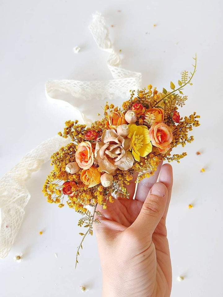 Autumn Flower Bridal Belt: Blush, Orange & Yellow Boho Wedding – handmade floral hair accessory by magaela