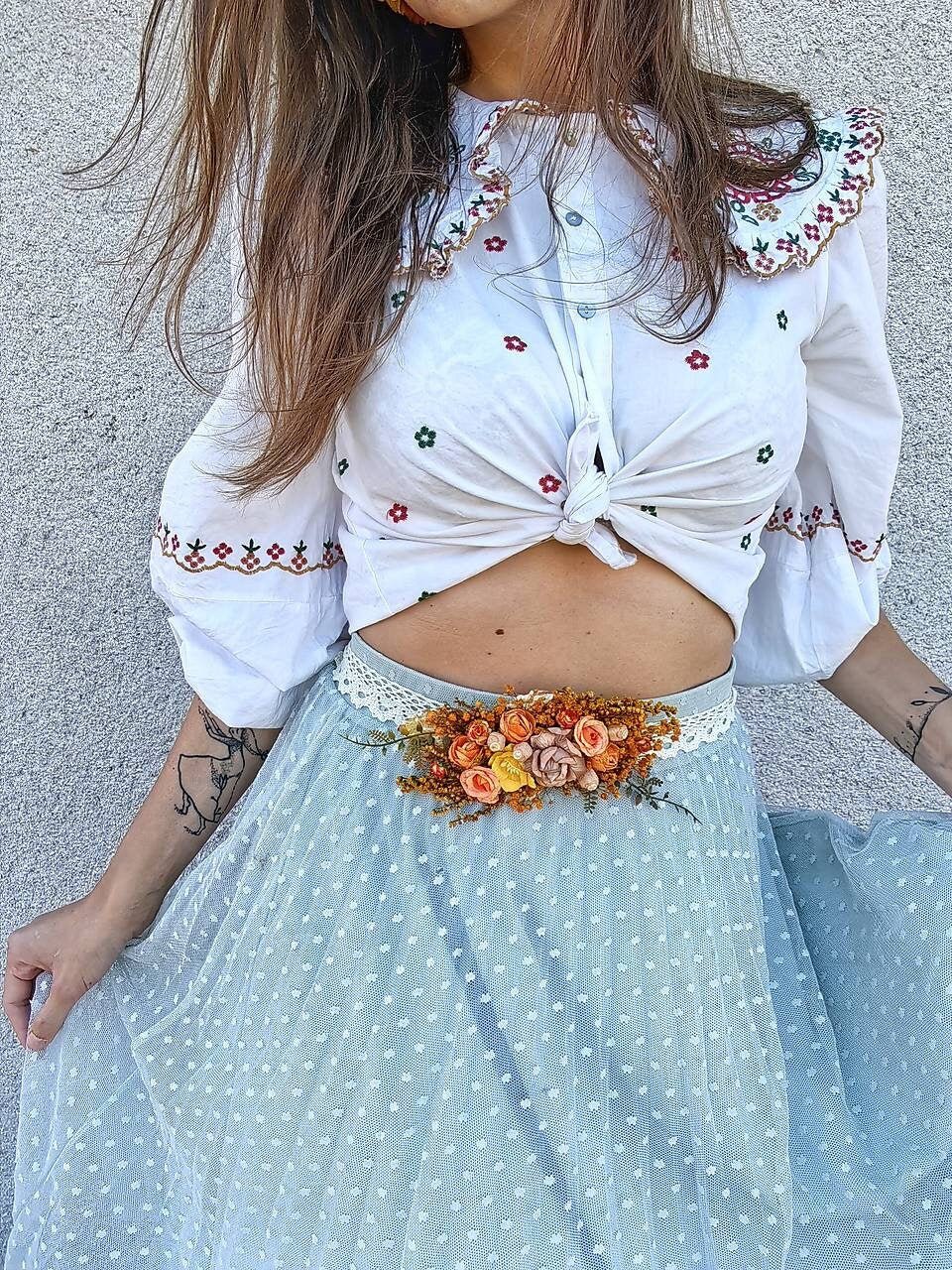 Autumn Flower Bridal Belt: Blush, Orange & Yellow Boho Wedding – handmade floral hair accessory by magaela