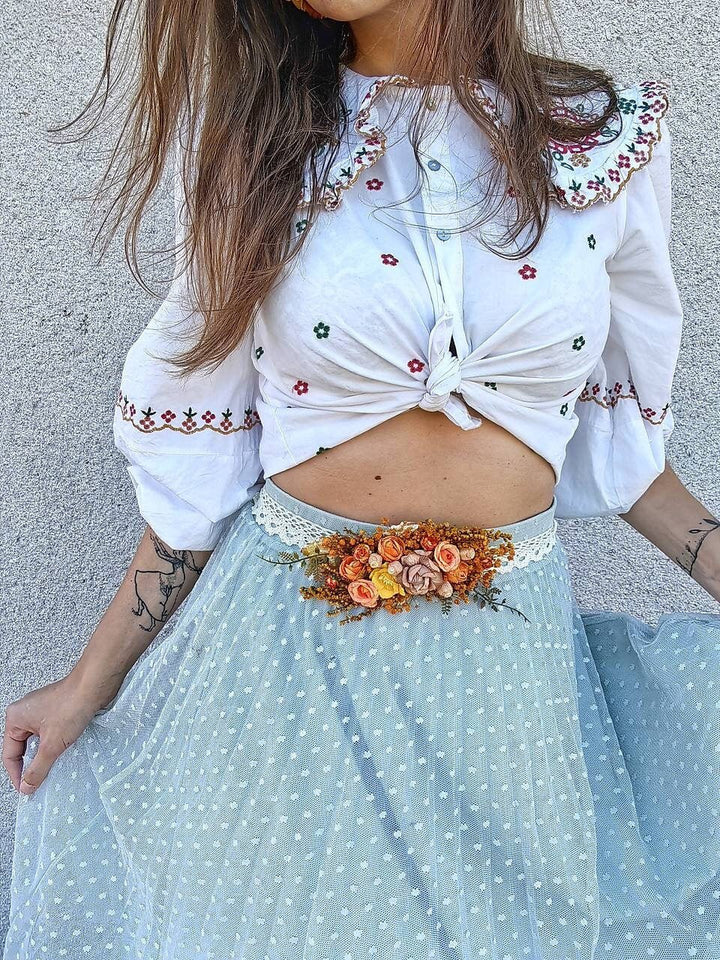 Autumn Flower Bridal Belt: Blush, Orange & Yellow Boho Wedding – handmade floral hair accessory by magaela