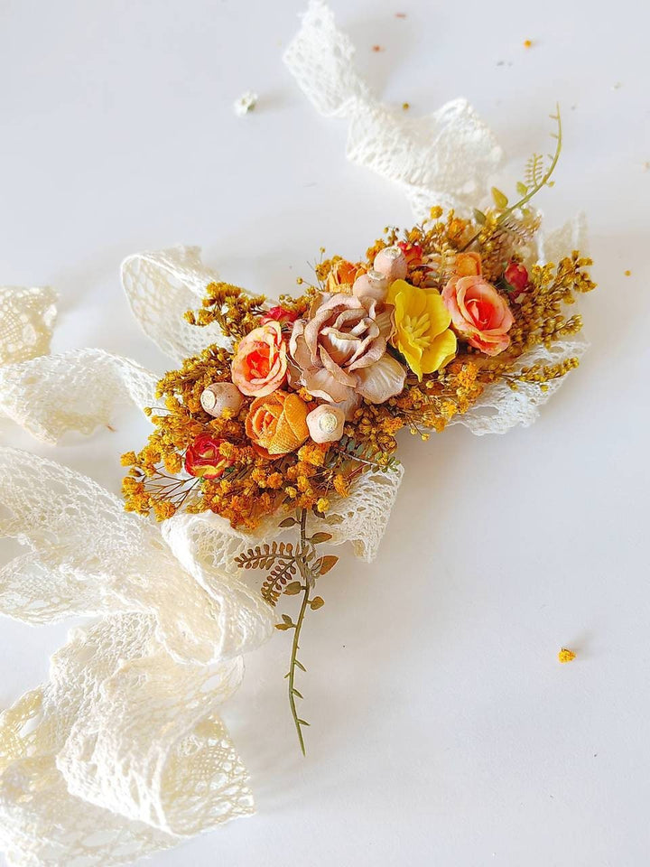 Autumn Flower Bridal Belt: Blush, Orange & Yellow Boho Wedding – handmade floral hair accessory by magaela