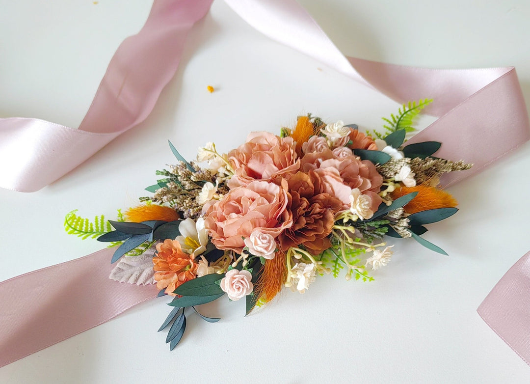 Terracotta Flower Belt: Autumn Wedding Bridal Dress Belt – handmade floral hair accessory by magaela