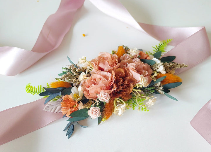 Terracotta Flower Belt: Autumn Wedding Bridal Dress Belt – handmade floral hair accessory by magaela