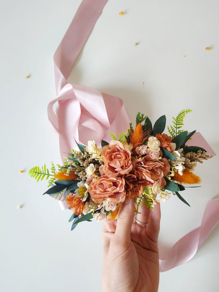 Terracotta Flower Belt: Autumn Wedding Bridal Dress Belt – handmade floral hair accessory by magaela