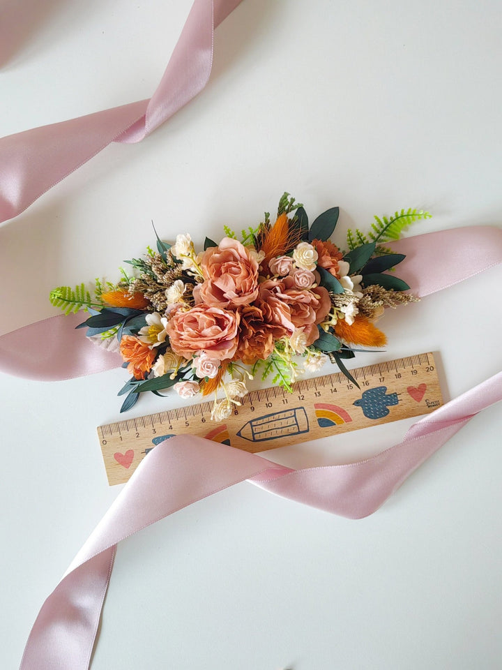 Terracotta Flower Belt: Autumn Wedding Bridal Dress Belt – handmade floral hair accessory by magaela