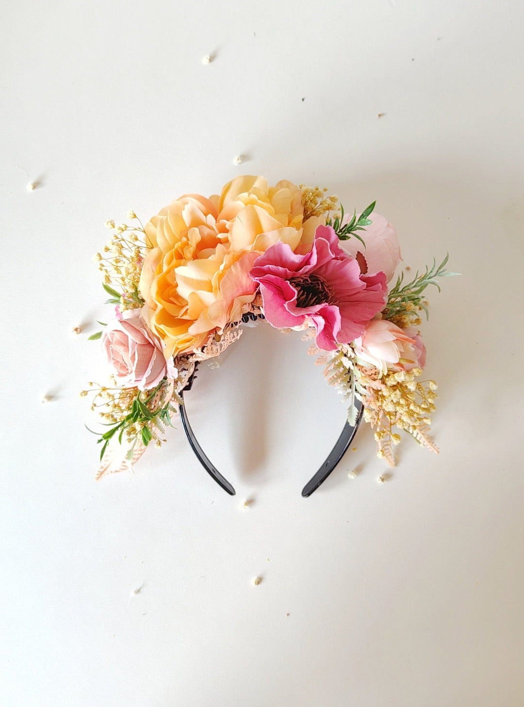 Peach fuzz and pink FRIDA headband: Double sided headband Magaela – handmade floral hair accessory by magaela