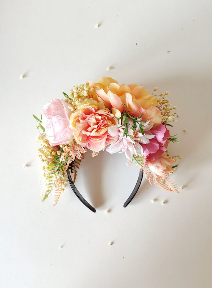 Peach fuzz and pink FRIDA headband: Double sided headband Magaela – handmade floral hair accessory by magaela