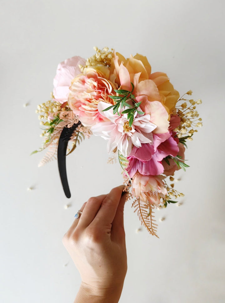 Peach Fuzz Frida Flower Headband: Double Sided Floral Crown – handmade floral hair accessory by magaela