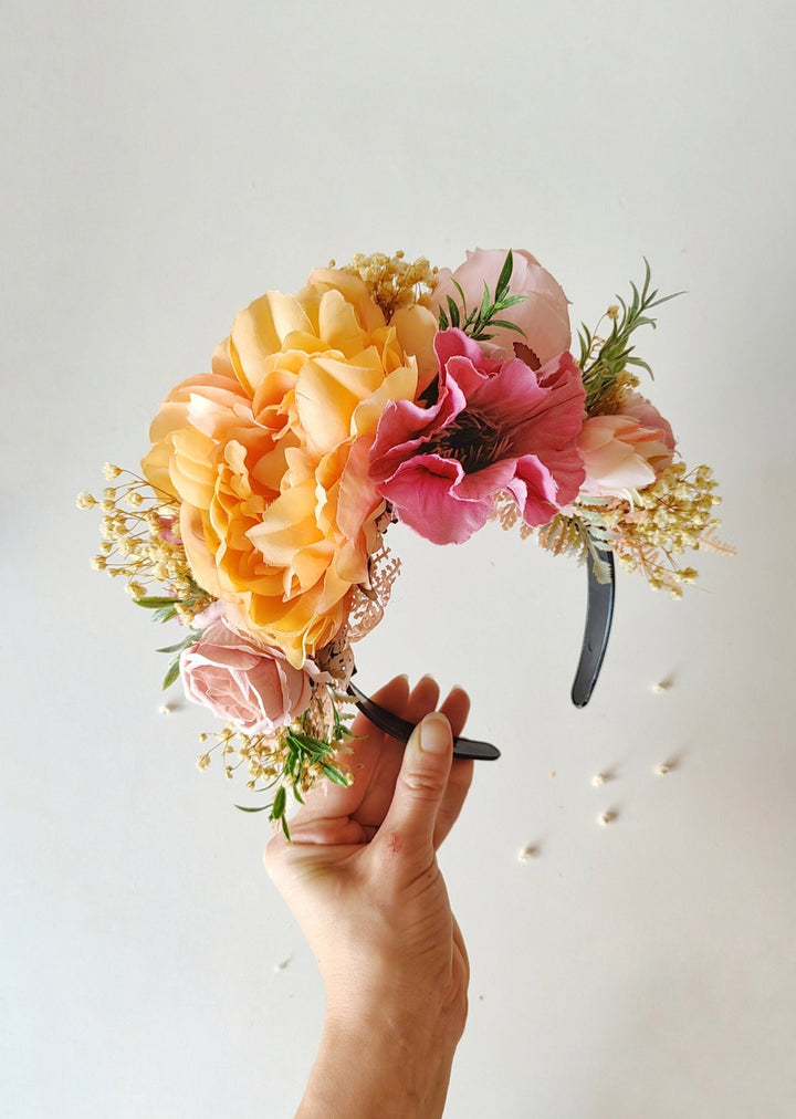 Peach Fuzz Frida Flower Headband: Double Sided Floral Crown – handmade floral hair accessory by magaela