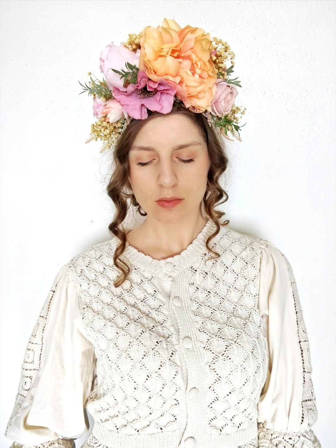 Peach Fuzz Frida Flower Headband: Double Sided Floral Crown – handmade floral hair accessory by magaela