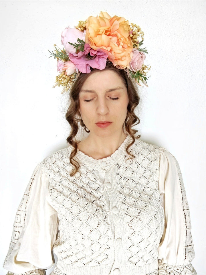 Peach Fuzz Frida Flower Headband: Double Sided Floral Crown – handmade floral hair accessory by magaela