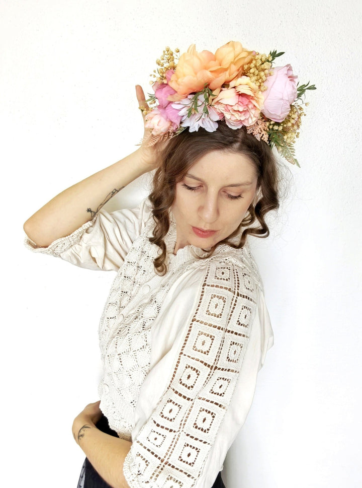 Peach Fuzz Frida Flower Headband: Double Sided Floral Crown – handmade floral hair accessory by magaela