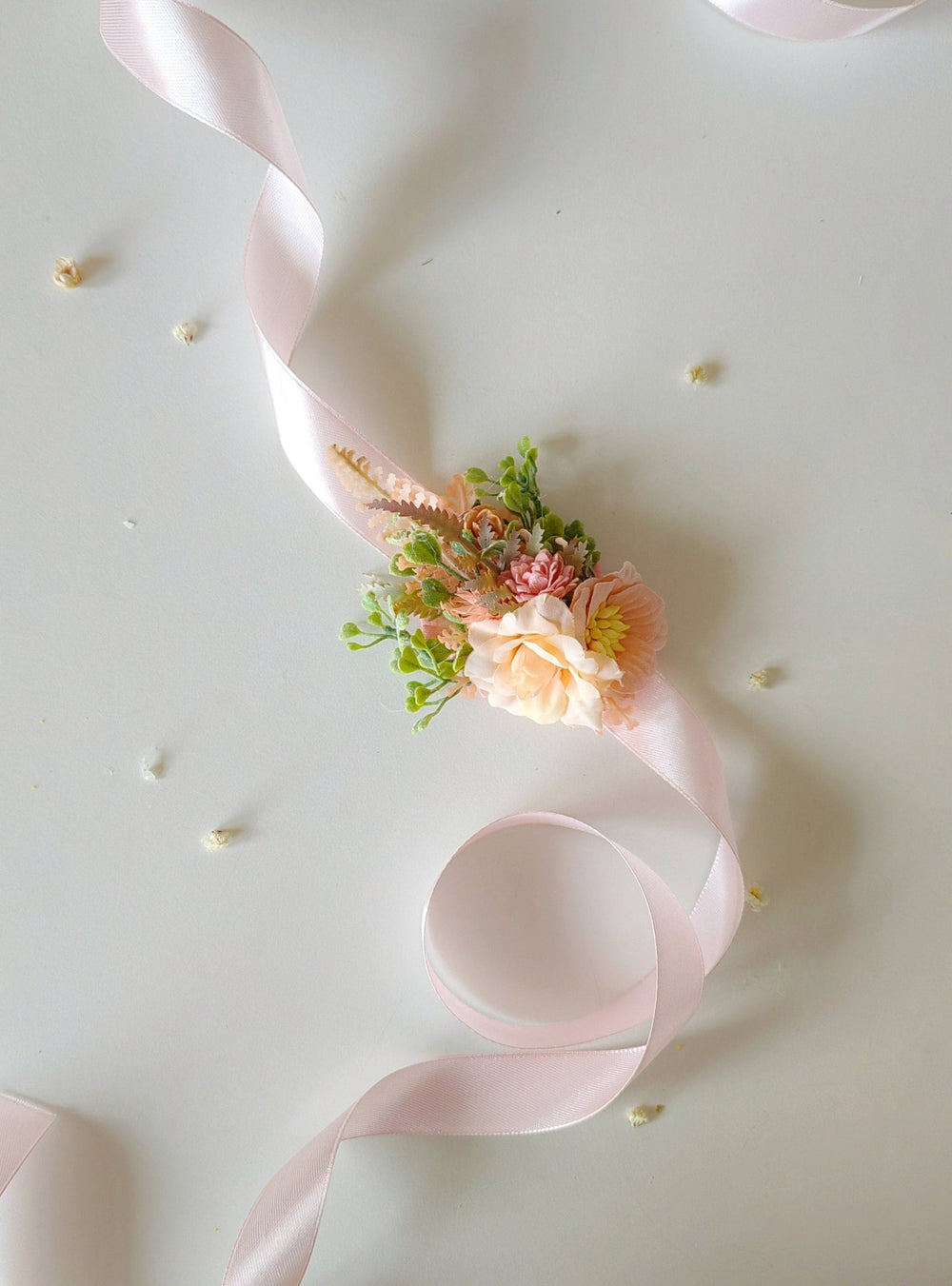 Peach Fuzz Flower Bracelet: Romantic Wedding Wrist Corsage – handmade floral hair accessory by magaela