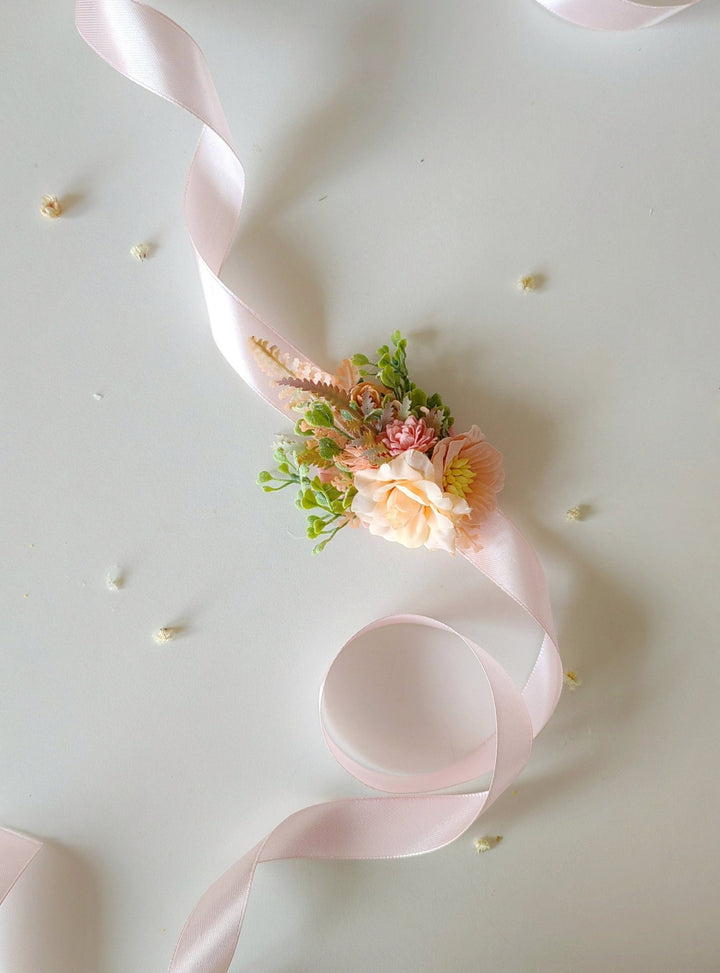 Peach Fuzz Flower Bracelet: Romantic Wedding Wrist Corsage – handmade floral hair accessory by magaela