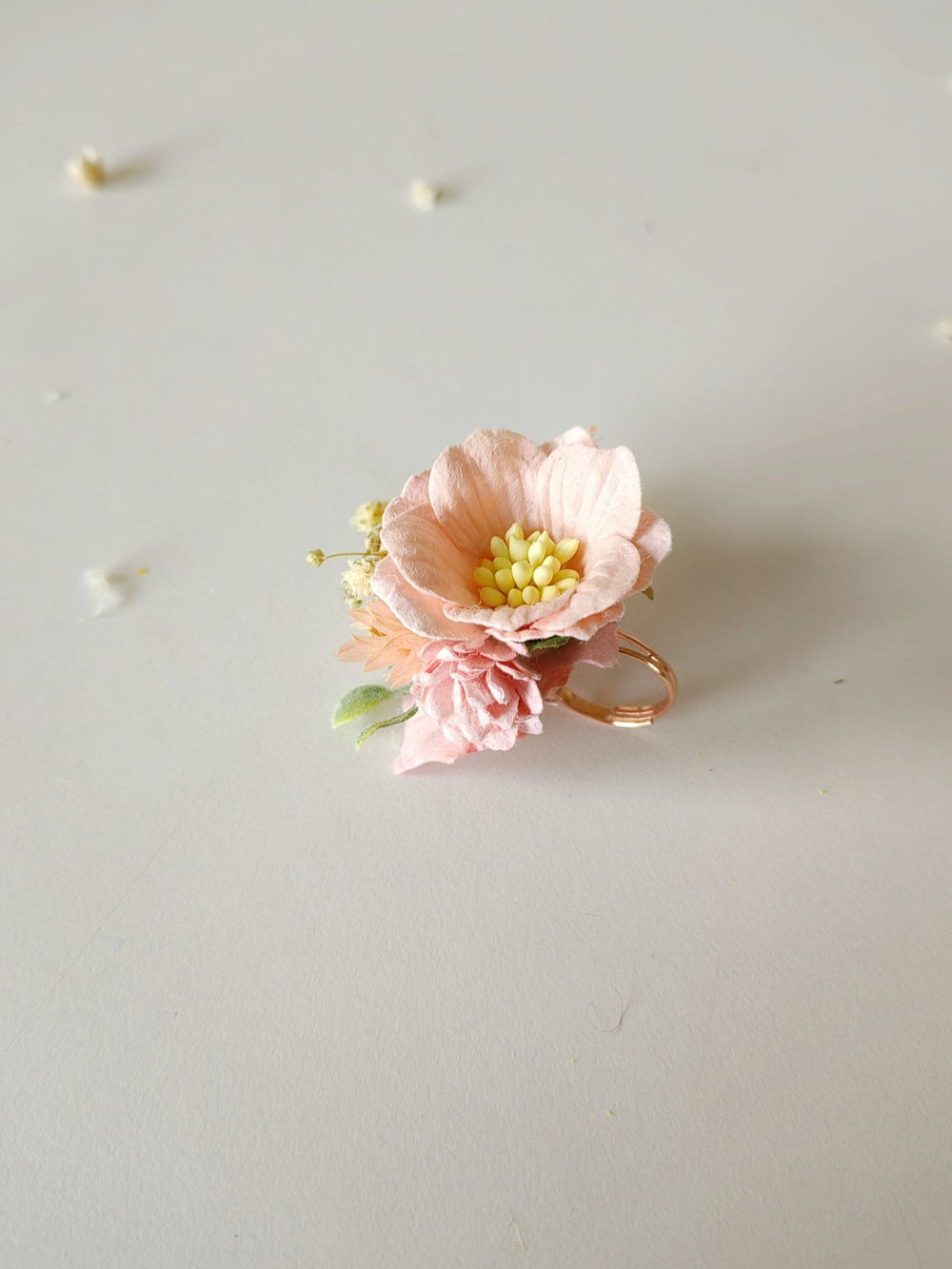 Peach Flower Ring: Boho Floral Jewelry, Adjustable Band – handmade floral hair accessory by magaela