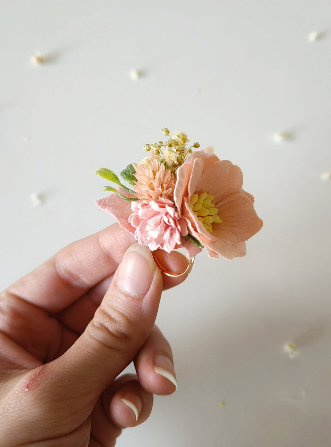 Peach Flower Ring: Boho Floral Jewelry, Adjustable Band – handmade floral hair accessory by magaela