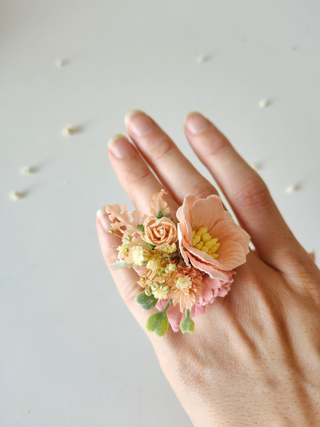Pastel Peach Flower Ring: Boho Wedding Jewelry – handmade floral hair accessory by magaela