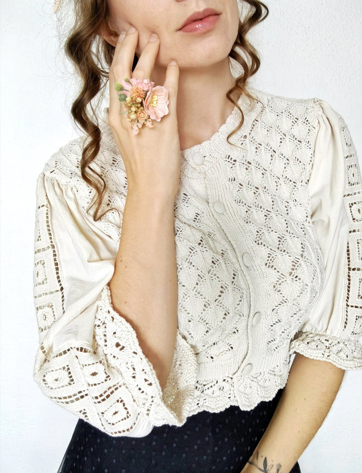 Peach Flower Ring: Boho Floral Jewelry, Adjustable Band – handmade floral hair accessory by magaela