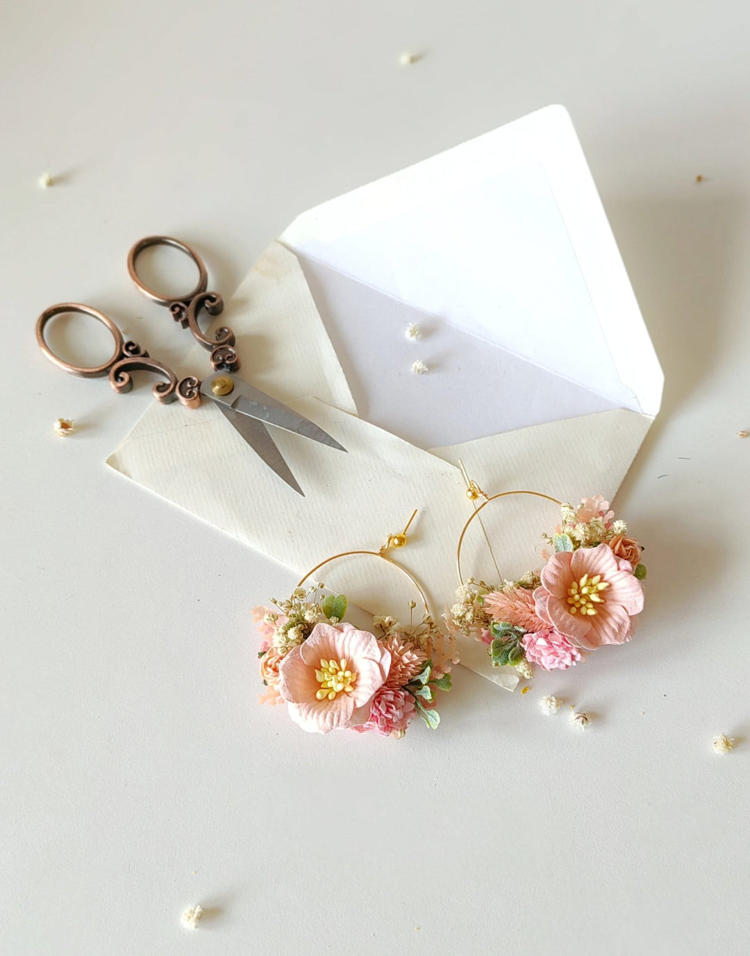Peach Fuzz Flower Earrings: Circle Wedding Jewelry – handmade floral hair accessory by magaela