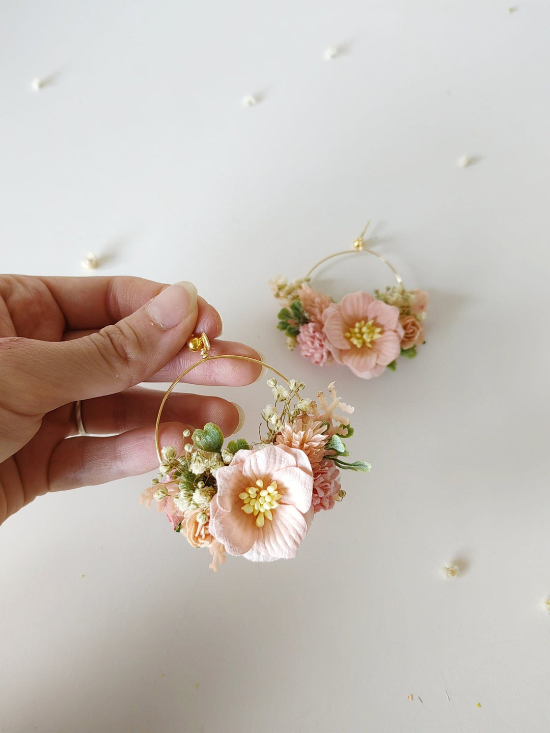 Peach Fuzz Flower Earrings: Circle Wedding Jewelry – handmade floral hair accessory by magaela