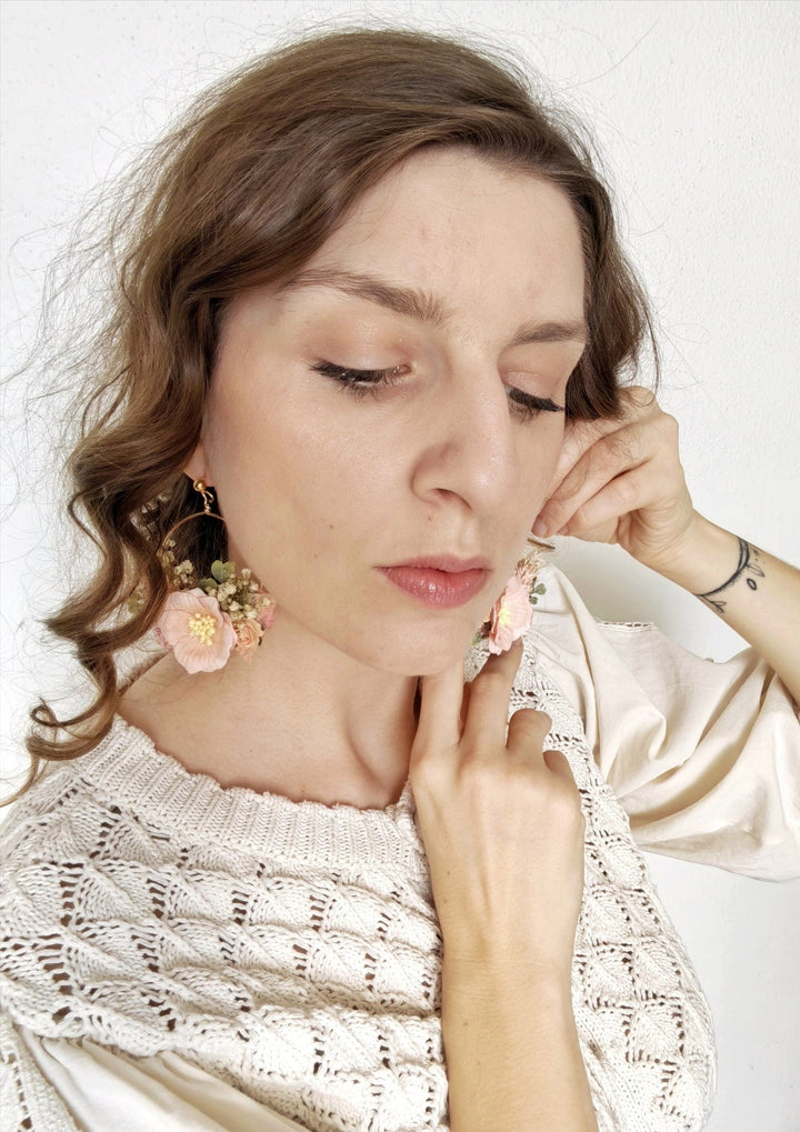 Peach Fuzz Flower Earrings: Circle Wedding Jewelry – handmade floral hair accessory by magaela