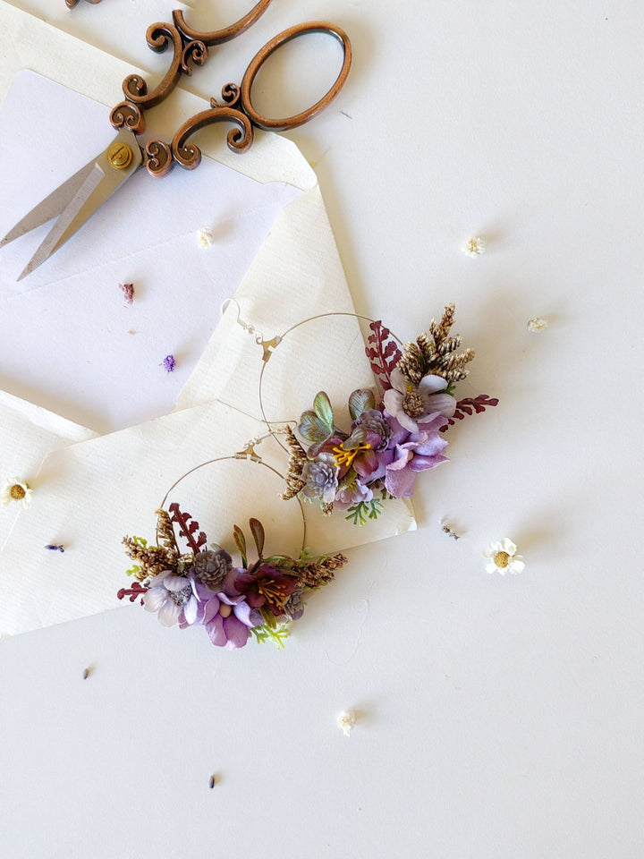 Purple Flower Circle Earrings: Bridal Wedding Jewelry – handmade floral hair accessory by magaela