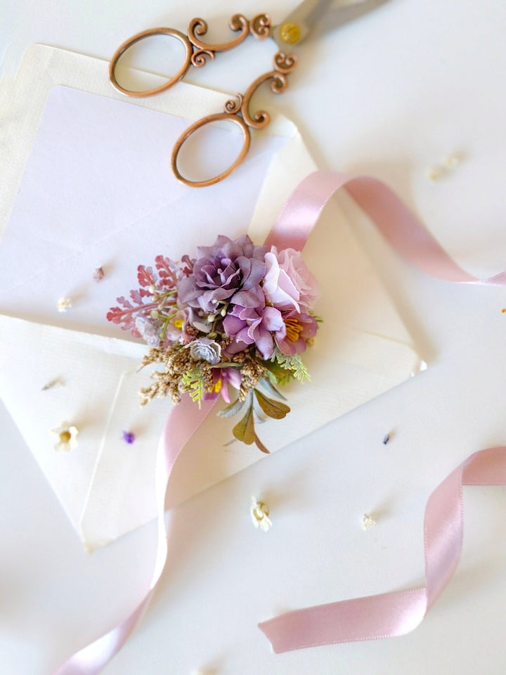 Purple Flower Bracelet: Lilac Wedding Wrist Corsage – handmade floral hair accessory by magaela