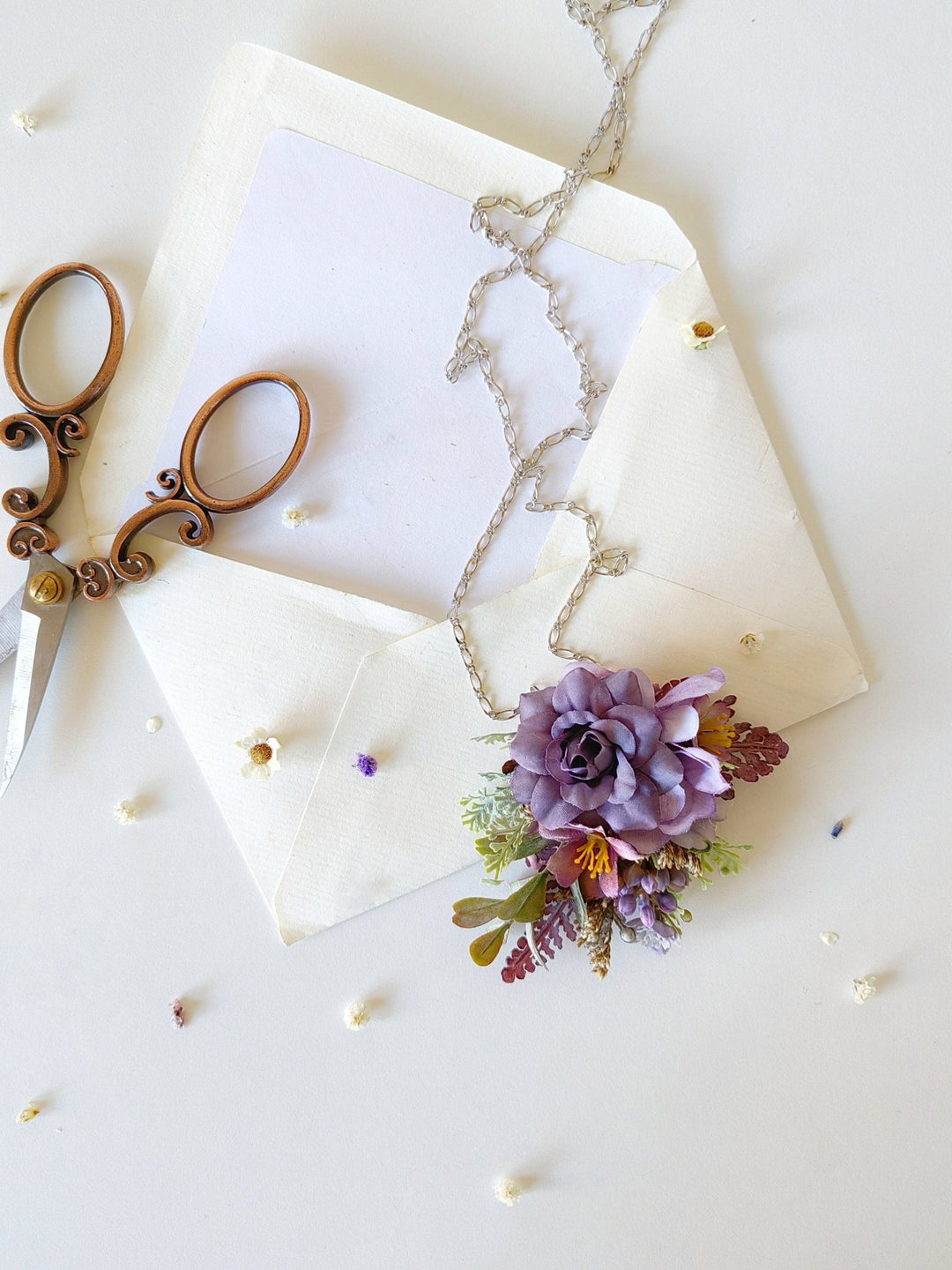 Purple Flower Necklace: Long Violet Pendant, Bridal Jewelry – handmade floral hair accessory by magaela