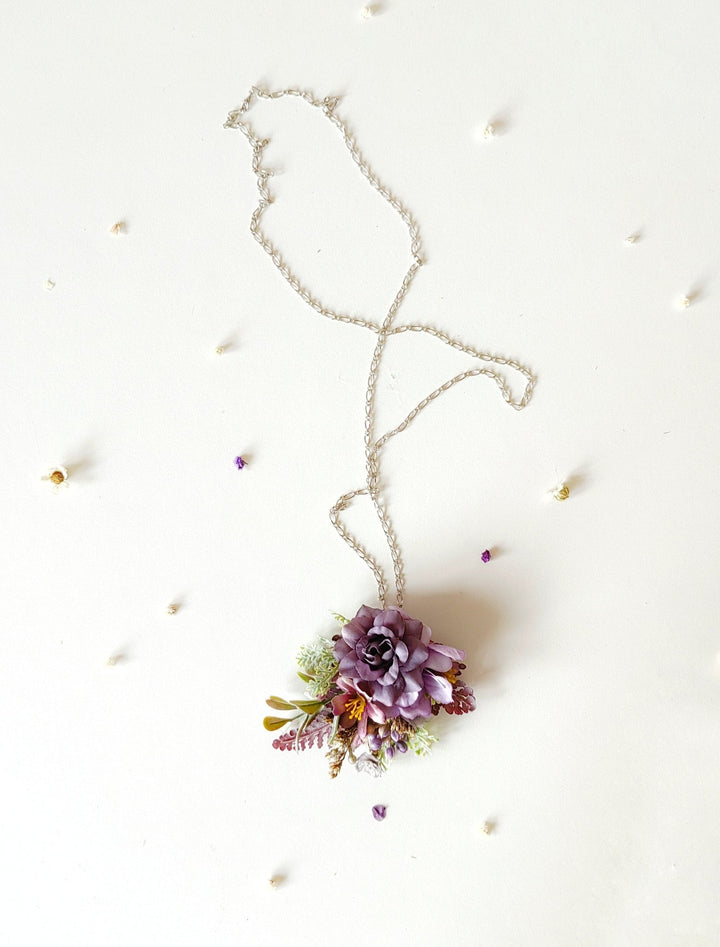 Purple Flower Necklace: Long Violet Pendant, Bridal Jewelry – handmade floral hair accessory by magaela