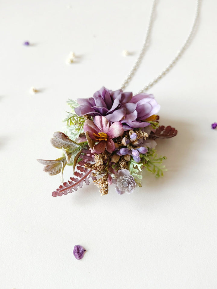 Purple Flower Necklace: Long Violet Pendant, Bridal Jewelry – handmade floral hair accessory by magaela