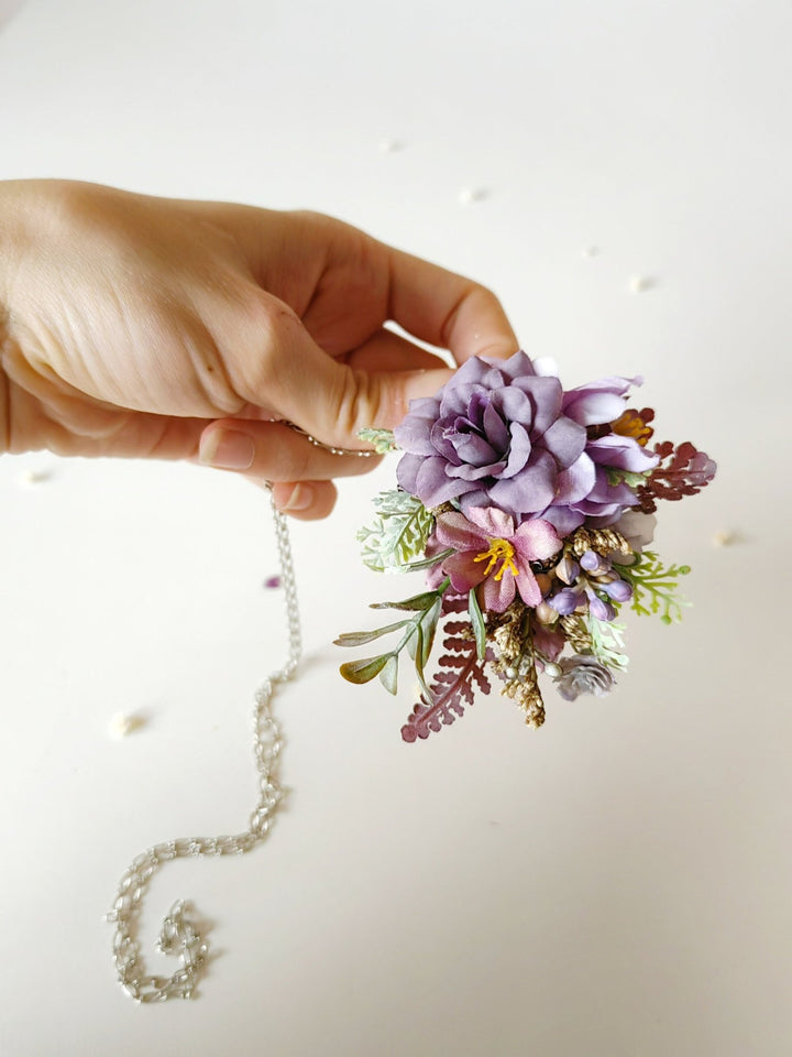 Purple Flower Necklace: Long Violet Pendant, Bridal Jewelry – handmade floral hair accessory by magaela