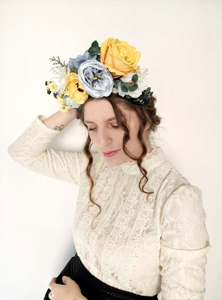 Frida Flower Crown Headband: Daisy Anemone, Reversible Summer Meadow – handmade floral hair accessory by magaela