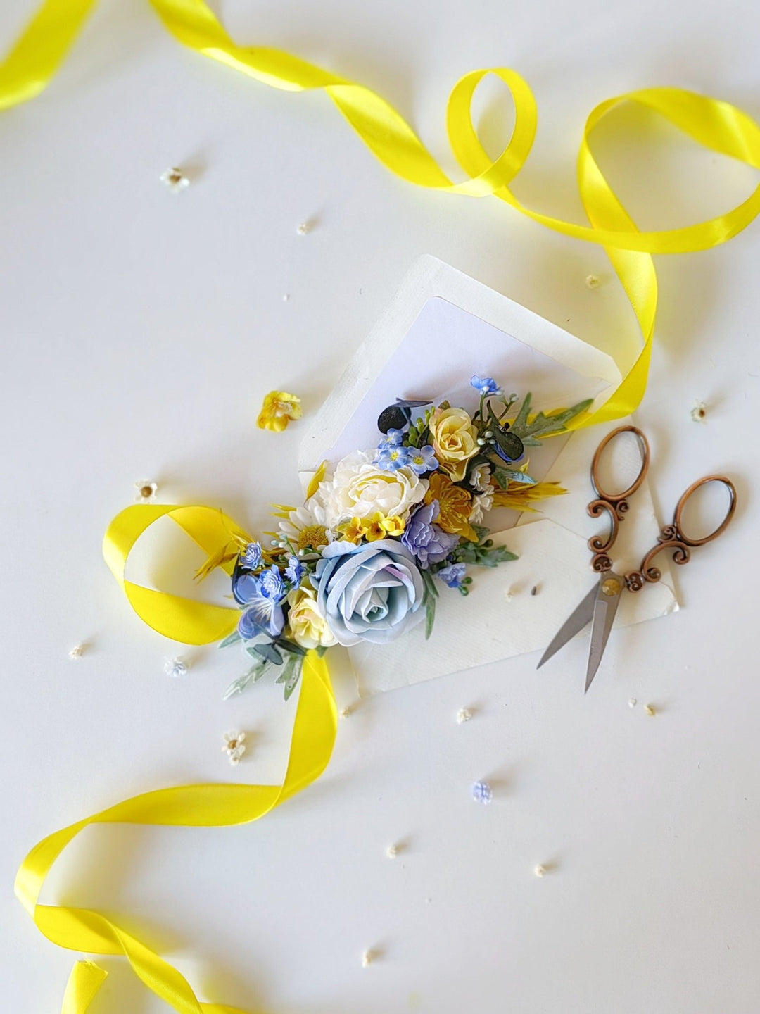 Yellow & Blue Flower Belt: Boho Bridal Dress Floral Accessory – handmade floral hair accessory by magaela