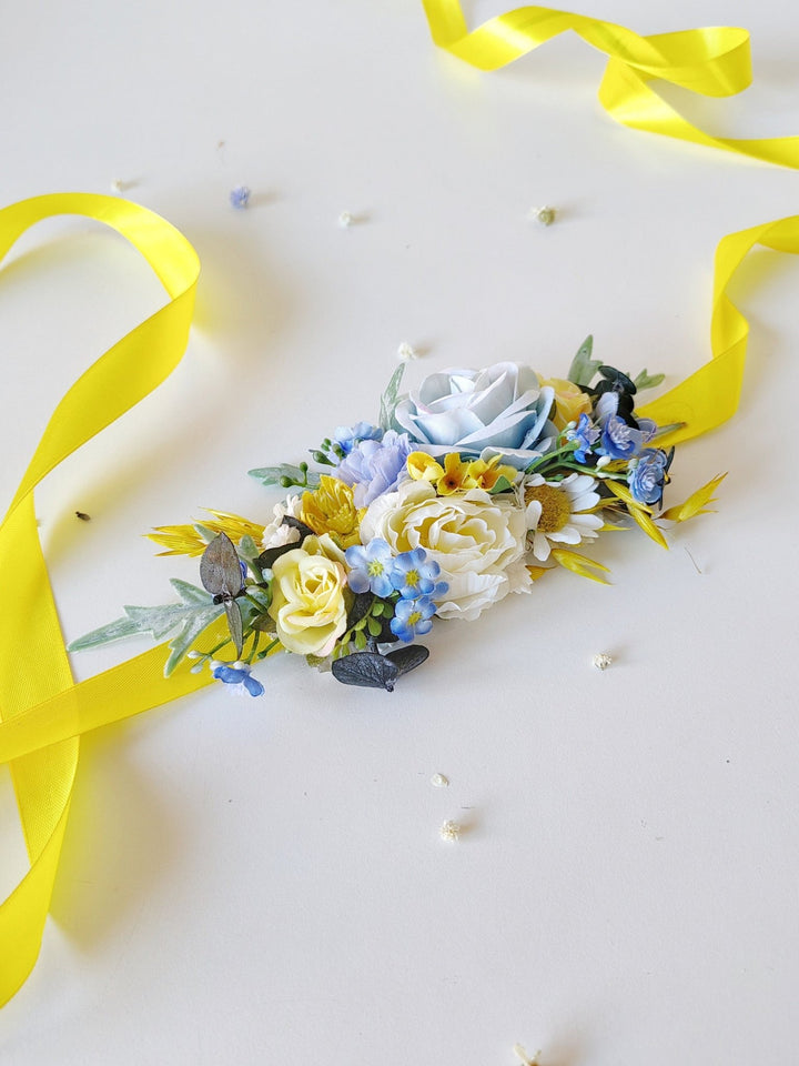 Yellow & Blue Flower Belt: Boho Bridal Dress Floral Accessory – handmade floral hair accessory by magaela