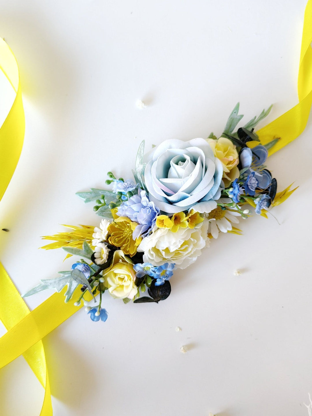Yellow & Blue Flower Belt: Boho Bridal Dress Floral Accessory – handmade floral hair accessory by magaela